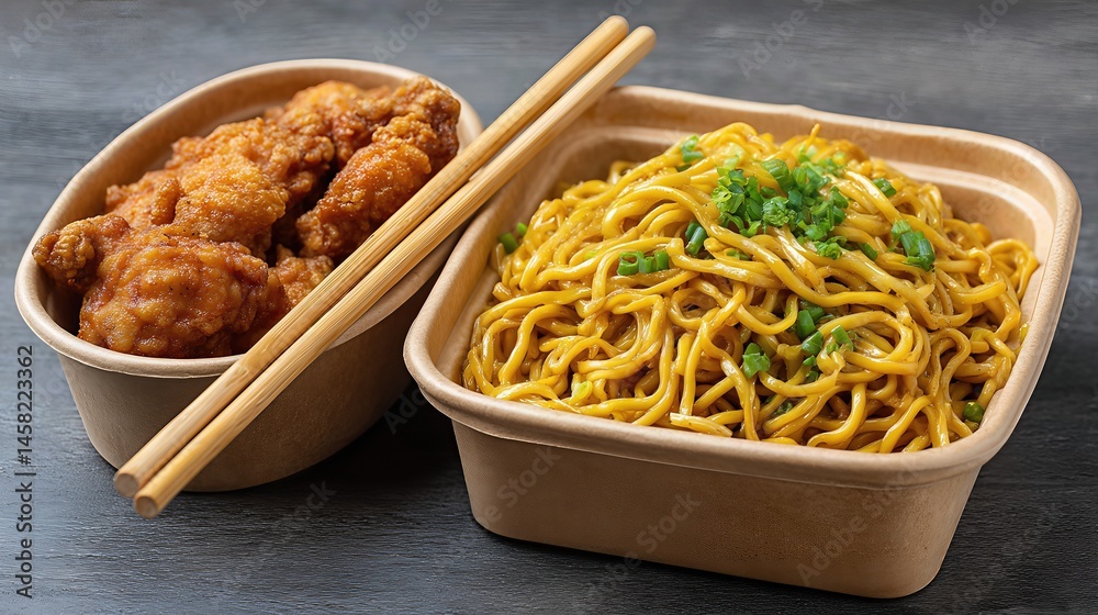 Fried chicken and noodles in takeout packaging capture the essence of modern convenience and bold flavors.
Fried chicken and noodles in takeout packaging capture the essence of modern convenience and bold flavors.