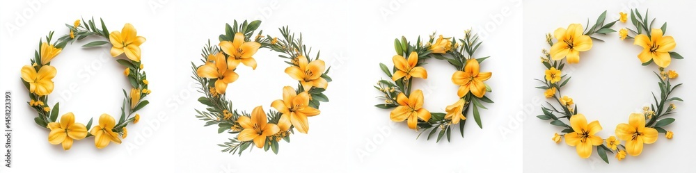 Yellow lilies arranged in a wreath frame, isolate on white background. Collection.