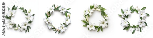 Obraz na płótnie White lilies arranged in a wreath frame, isolate on white background. Collection. w salonie