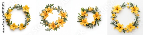 Obraz na płótnie Yellow lilies arranged in a wreath frame, isolate on white background. Collection. w salonie