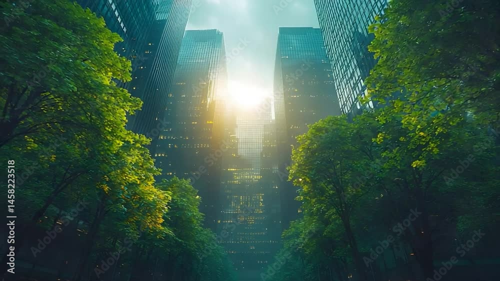 Urban green space, sunlight through buildings, nature in the city.