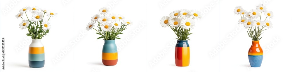 A bunch of white daisies in a colorful vase, isolate on white background. Collection.