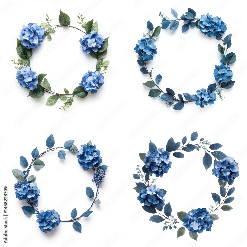 Blue hydrangeas arranged in a wreath frame, isolate on white background. Collection.