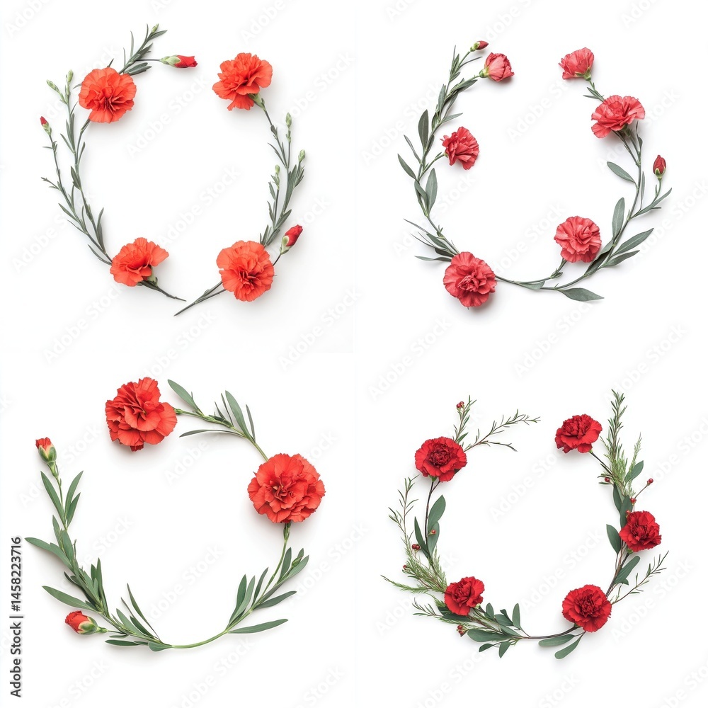 Red carnations arranged in a wreath frame, isolate on white background. Collection.