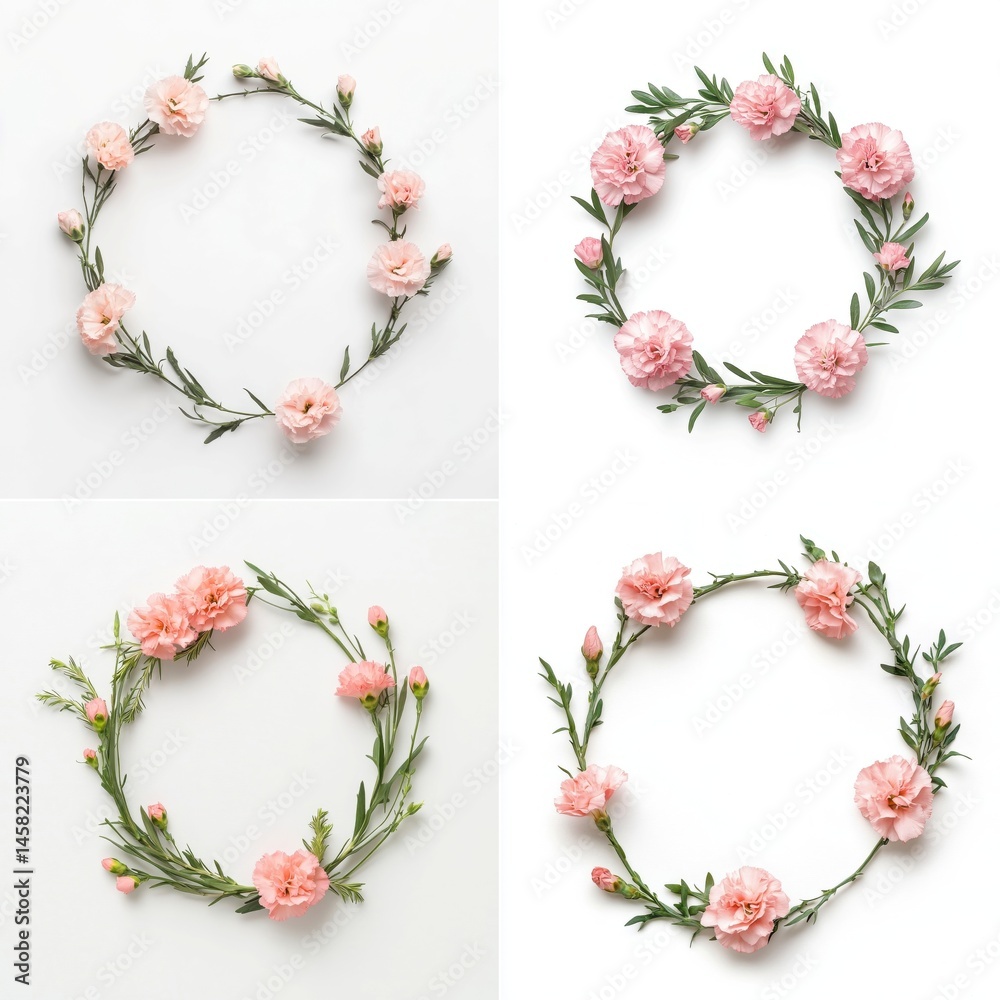 Pink carnations arranged in a wreath frame, isolate on white background. Collection.