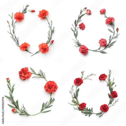 Obraz na płótnie Red carnations arranged in a wreath frame, isolate on white background. Collection. w salonie