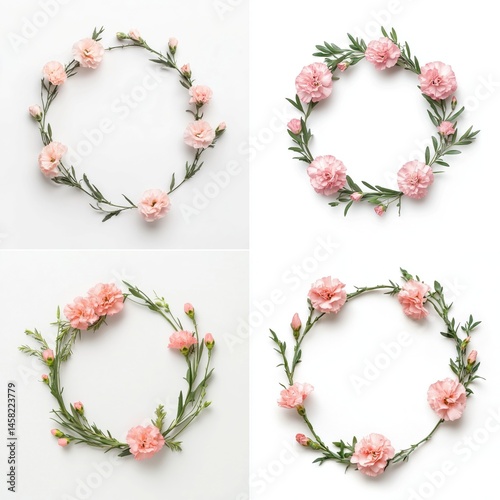 Obraz na płótnie Pink carnations arranged in a wreath frame, isolate on white background. Collection. w salonie