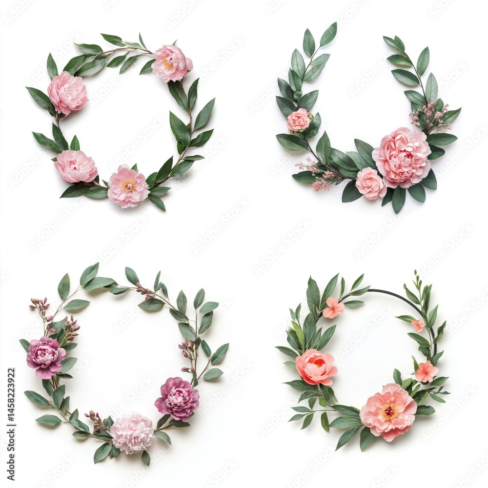 Pink peonies arranged in a wreath frame, isolate on white background. Collection.