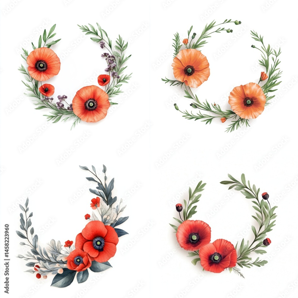 Poppy flowers styled in a decorative wreath frame, isolate on white background. Collection.