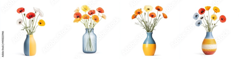 A colorful vase filled with poppy flowers, isolate on white background. Collection.