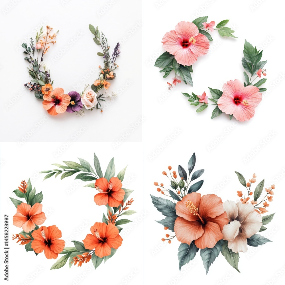 Decorative wreath frame adorned with hibiscus flowers, isolate on white background. Collection.