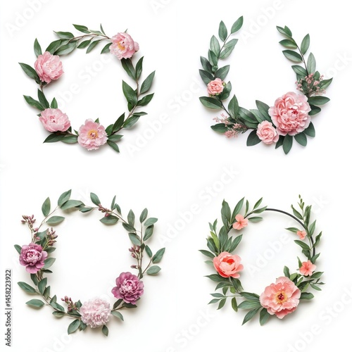 Obraz na płótnie Pink peonies arranged in a wreath frame, isolate on white background. Collection. w salonie