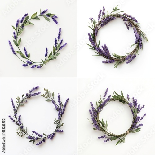 Obraz na płótnie Lavender stems arranged in a decorative wreath frame, isolate on white background. Collection. w salonie