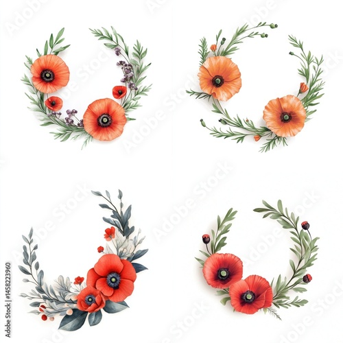 Obraz na płótnie Poppy flowers styled in a decorative wreath frame, isolate on white background. Collection. w salonie