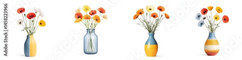 Obraz na płótnie A colorful vase filled with poppy flowers, isolate on white background. Collection. w salonie