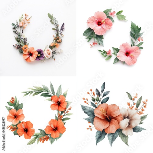 Decorative wreath frame adorned with hibiscus flowers, isolate on white background. Collection.