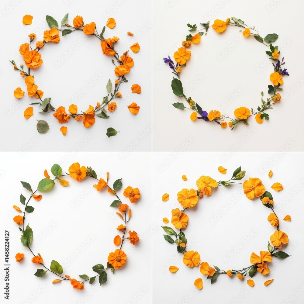 A festive wreath frame adorned with golden marigold petals, isolate on white background. Collection.