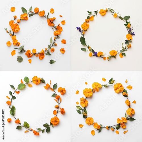 Obraz na płótnie A festive wreath frame adorned with golden marigold petals, isolate on white background. Collection. w salonie