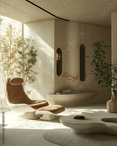 Post-Anthropocene Living loft with neural interface zones, smooth AI-curated furniture, and sentient design elements Regenerative Bio-Integrated Interiors Speculative Neo-Human Environments