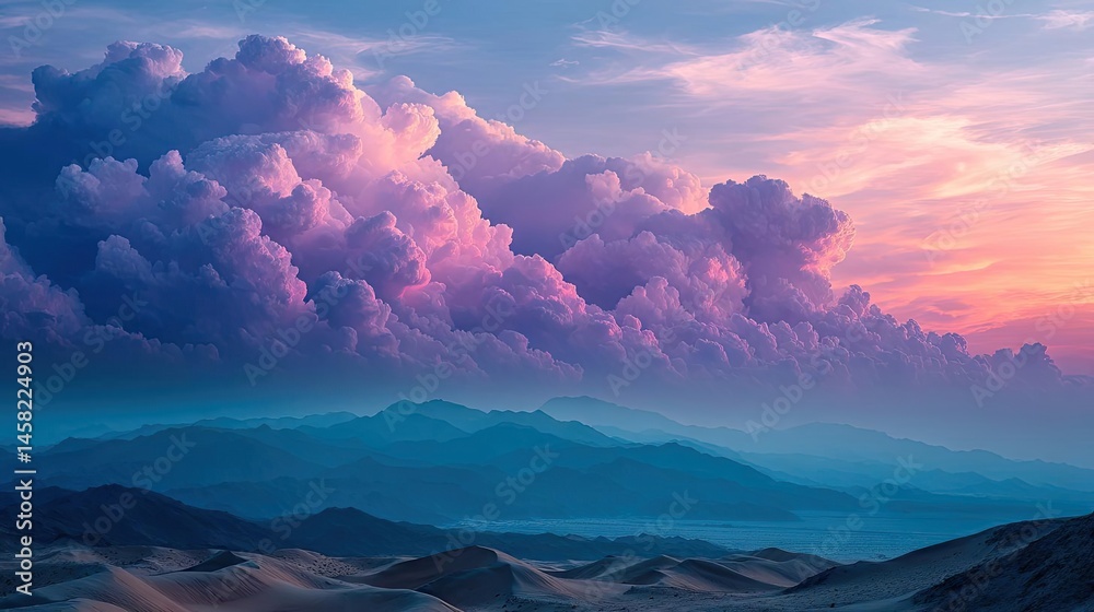 Panorama sand storm with dark clouds above arid dunes concept. Breathtaking sunset over rolling hills and colorful clouds.