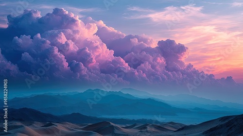 Obraz na płótnie Panorama sand storm with dark clouds above arid dunes concept. Breathtaking sunset over rolling hills and colorful clouds. w salonie