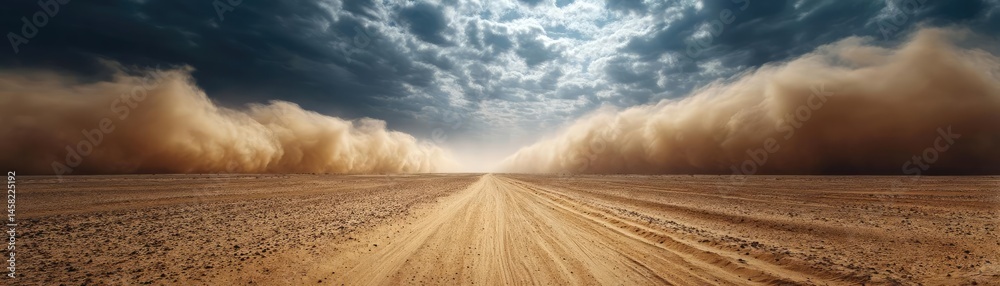 Panorama sand storm above dry dune with huge dust cloud concept. Dust storm approaching over a desolate desert landscape.