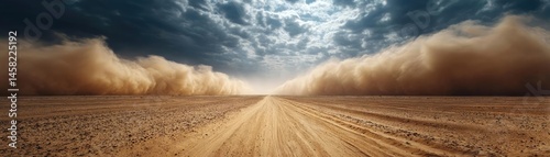Panorama sand storm above dry dune with huge dust cloud concept. Dust storm approaching over a desolate desert landscape.