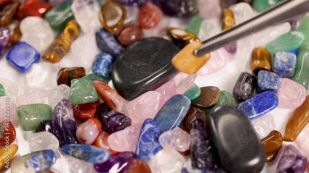 Selecting a Tiger's Eye Stone from a Colorful Array Selecting a Tiger's Eye Stone from a Colorful Array