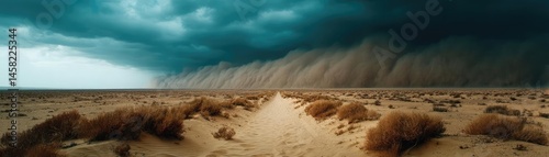Panorama sand storm above dry dune with huge dust cloud concept. Dramatic desert landscape with dark storm clouds and sand dunes.