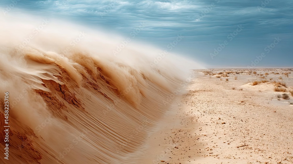 Panorama sand storm over huge dune with powerful wind wave concept. Desert landscape with dramatic sand movement and blue sky.