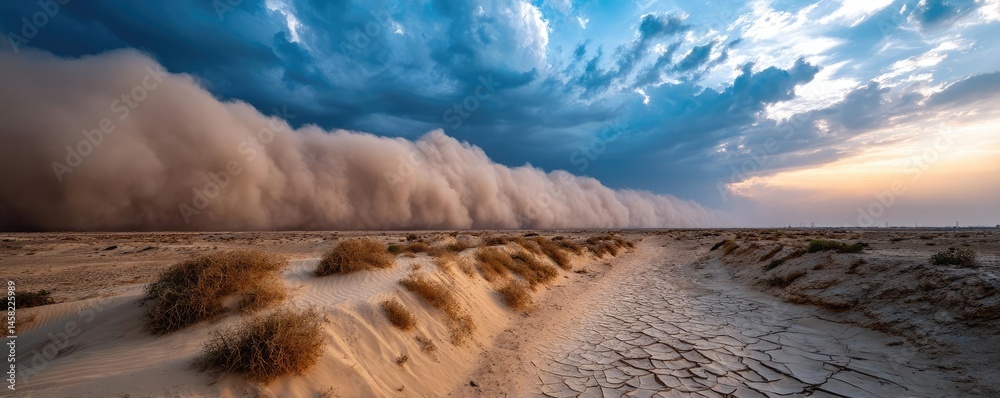 Panorama sand storm above dry dune with huge dust cloud concept. Dramatic desert scene with a looming sandstorm under cloudy skies.