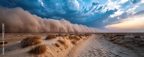 Obraz na płótnie Panorama sand storm above dry dune with huge dust cloud concept. Dramatic desert scene with a looming sandstorm under cloudy skies. w salonie