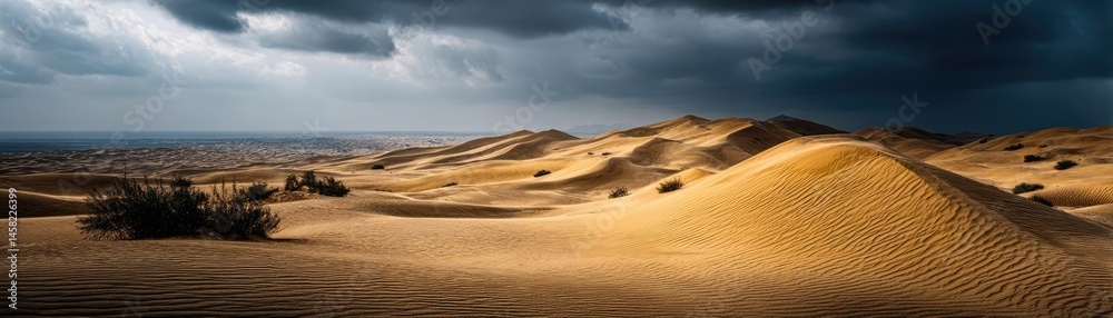 Panorama sand storm over huge dune with powerful wind wave concept. Stunning desert landscape under dramatic cloudy skies.