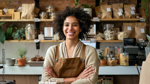 Smiling woman in apron at small shop with delivery service and package ready to support local small business and customer care