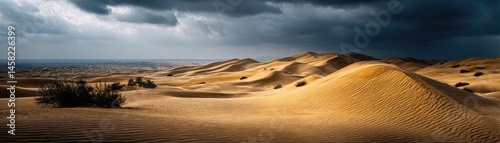 Obraz na płótnie Panorama sand storm over huge dune with powerful wind wave concept. Stunning desert landscape under dramatic cloudy skies. w salonie