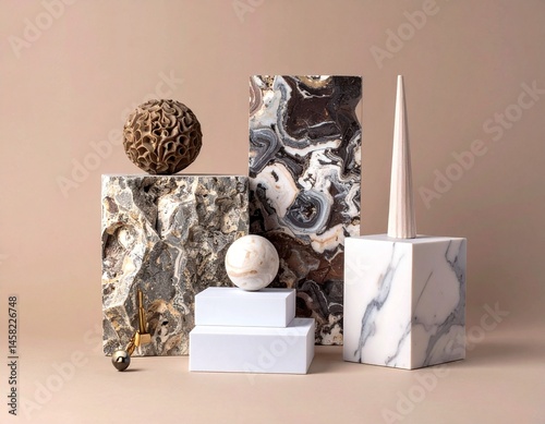 geometric concrete design mood board with concrete tiles color palette texture color pantone 2025 mocha mousse copy space	