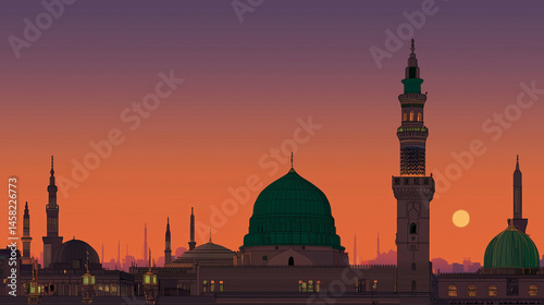 Illustration of the magnificent Prophet's Mosque at dusk, with the sky gradation from orange to purple, featuring the iconic green dome