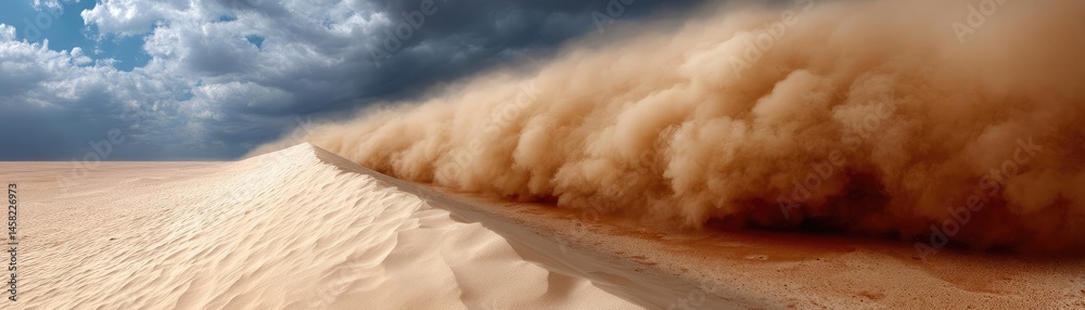 Panorama sand storm with dark clouds above arid dunes concept. A dramatic sandstorm sweeping across the desert landscape.