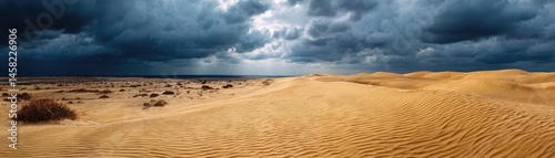 Obraz na płótnie Panorama sand storm over huge dune with powerful wind wave concept. Desert landscape with dramatic clouds and golden sand dunes. w salonie