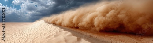 Obraz na płótnie Panorama sand storm with dark clouds above arid dunes concept. A dramatic sandstorm sweeping across the desert landscape. w salonie