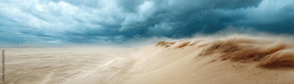 Panorama sand storm with dark clouds above arid dunes concept. A dramatic sand dune landscape under a turbulent sky.