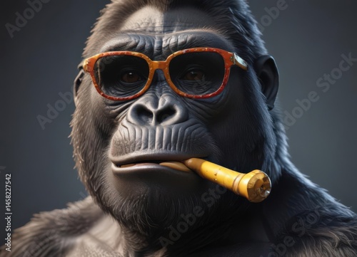 Groovy gorilla with shades toots festive horn, sound, striped