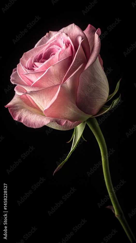Fototapeta premium A Delicate Pink Rose Blooming in the Dark Close up Studio Shot of a Single Rose Flower with Soft Petals and Green Stem