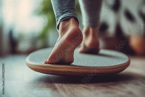 Person balancing on a wooden wobble board indoors promoting fitness and exercise concepts