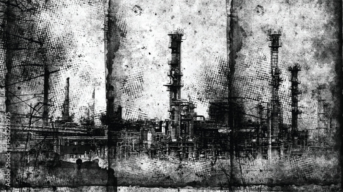 Industrial landscape with buildings and chimneys of the factory. Grunge scratch background. Black and white colors illustration	