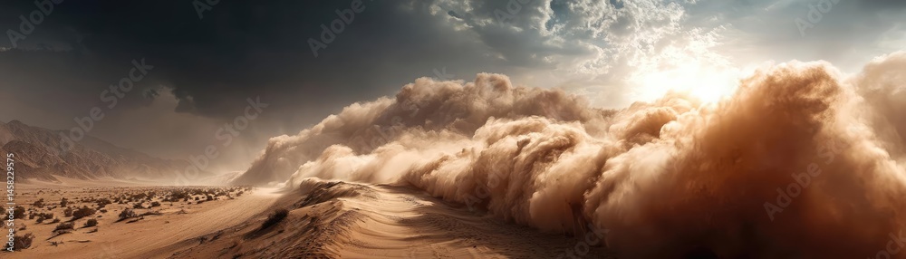 Panorama sand storm above dry dune with huge dust cloud concept. Dramatic desert landscape with a swirling dust storm under clouds.