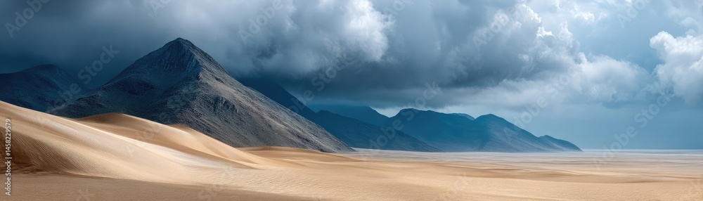 Panorama sand storm with dark clouds above arid dunes concept. Majestic mountains under a dramatic cloudy sky over sandy dunes.