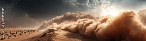Obraz na płótnie Panorama sand storm above dry dune with huge dust cloud concept. Dramatic desert landscape with a swirling dust storm under clouds. w salonie