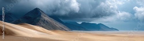 Obraz na płótnie Panorama sand storm with dark clouds above arid dunes concept. Majestic mountains under a dramatic cloudy sky over sandy dunes. w salonie