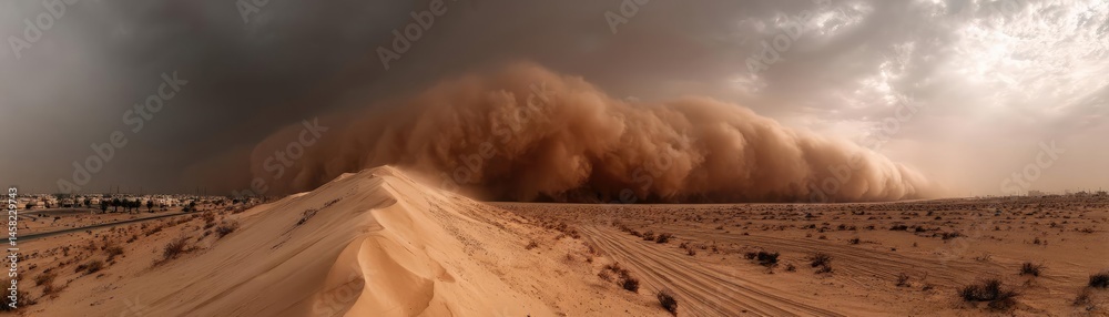 Panorama sand storm over huge dune with powerful wind wave concept. A dramatic sandstorm approaches over vast desert landscape.